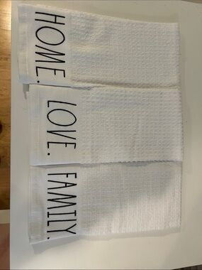 Rae Dunn HOME LOVE FAMILY Hand Towels Set of 3 | White Cotton Farmhouse Decor